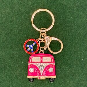 VW Bus Peace Sign Rhinestone Keychain Fuschia Pink Hippie Van Gold Tone Charm